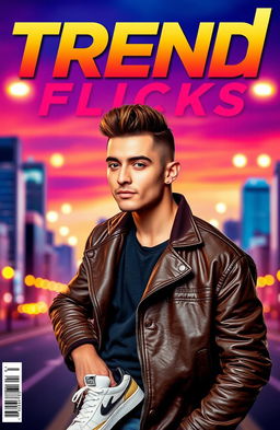 A stylish cover photo for the title 'Trend Flicks', featuring a charismatic male model with a confident expression