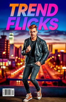 A stylish cover photo for the title 'Trend Flicks', featuring a charismatic male model with a confident expression