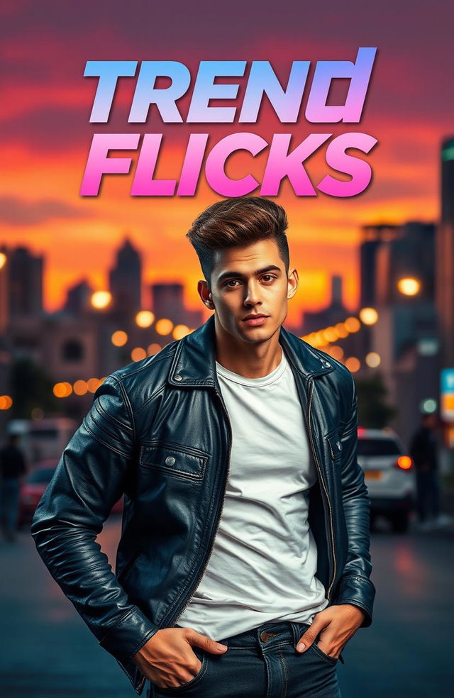 A stylish cover photo for the title 'Trend Flicks', featuring a charismatic male model with a confident expression