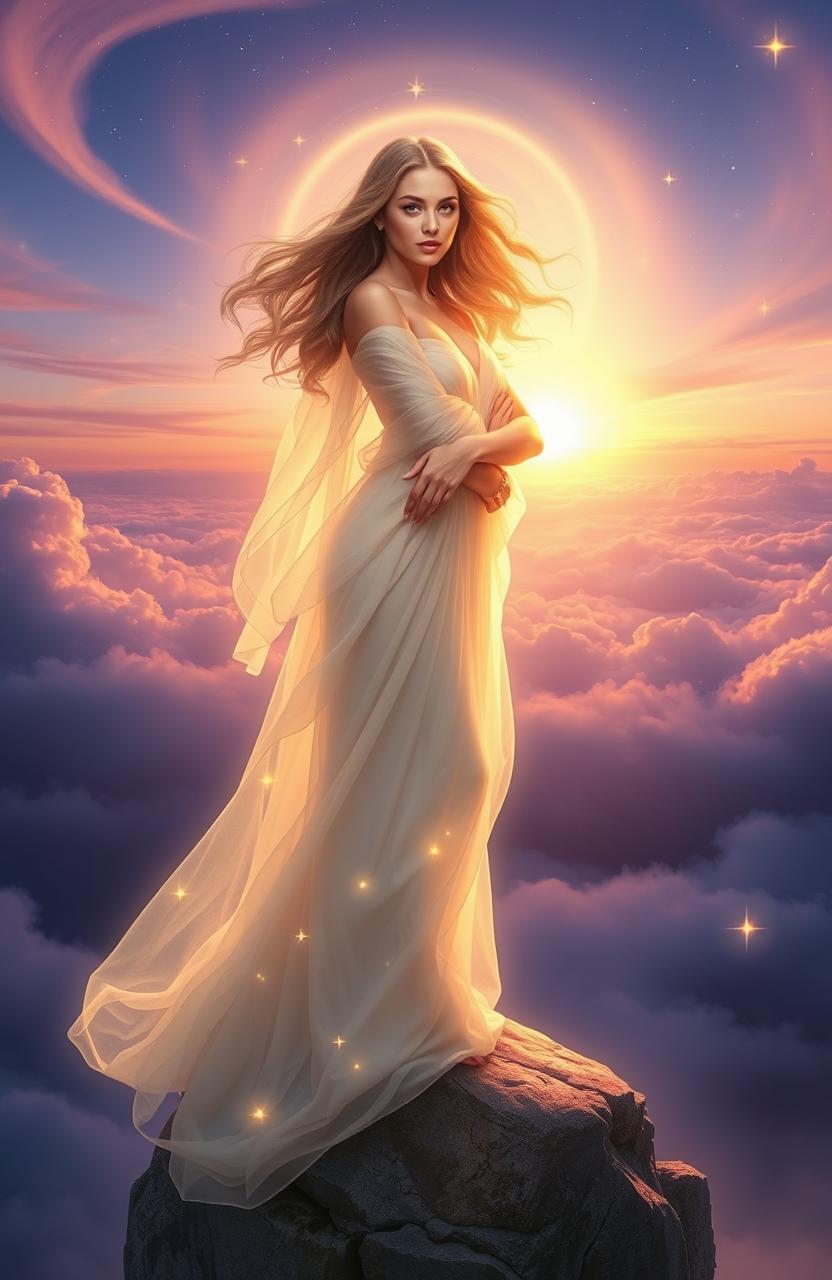 A visionary depiction of a woman surrounded by ethereal light, with flowing hair cascading around her shoulders