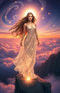 A visionary depiction of a woman surrounded by ethereal light, with flowing hair cascading around her shoulders