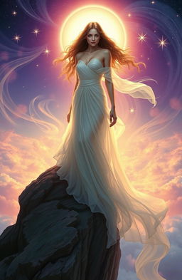 A visionary depiction of a woman surrounded by ethereal light, with flowing hair cascading around her shoulders