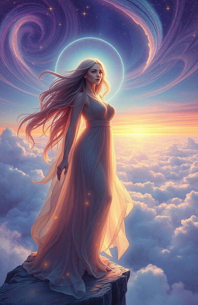 A visionary depiction of a woman surrounded by ethereal light, with flowing hair cascading around her shoulders