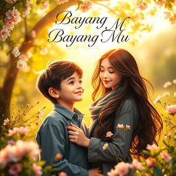 A captivating book cover for 'Bayang Bayang Mu', featuring a boy and a girl deeply in love