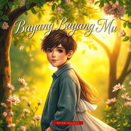 A captivating book cover for 'Bayang Bayang Mu', featuring a boy and a girl deeply in love