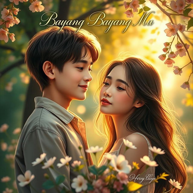 A captivating book cover for 'Bayang Bayang Mu', featuring a boy and a girl deeply in love