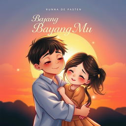A touching book cover for 'Bayang Bayang Mu', illustrating a boy and a girl lost in a moment of love
