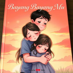 A touching book cover for 'Bayang Bayang Mu', illustrating a boy and a girl lost in a moment of love