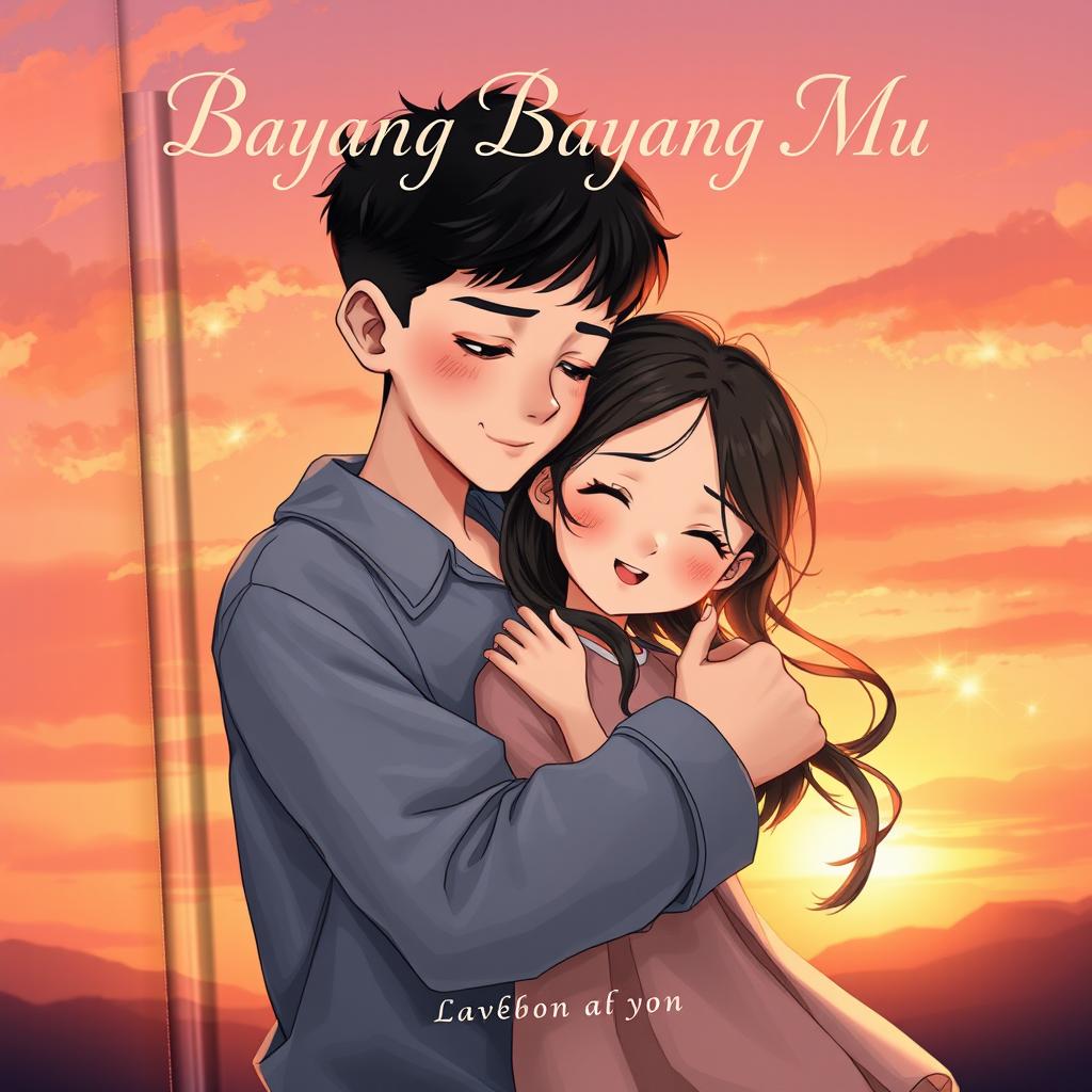 A touching book cover for 'Bayang Bayang Mu', illustrating a boy and a girl lost in a moment of love