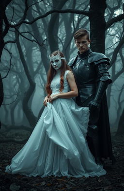 A girl in a flowing white dress and a white mask stands elegantly amidst the trees of a haunted forest, exuding an ethereal beauty