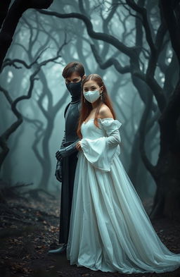 A girl in a flowing white dress and a white mask stands elegantly amidst the trees of a haunted forest, exuding an ethereal beauty