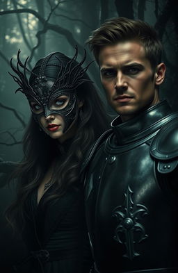 A captivating scene featuring a mysterious woman wearing an elaborate mask, surrounded by a dense, shadowy forest