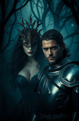 A captivating scene featuring a mysterious woman wearing an elaborate mask, surrounded by a dense, shadowy forest