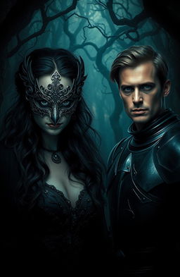 A captivating scene featuring a mysterious woman wearing an elaborate mask, surrounded by a dense, shadowy forest