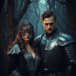 A visually captivating image titled 'Behind the Mysterious Mask,' depicting a mysterious woman wearing an ornate mask in a dark, eerie forest