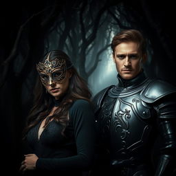 A visually captivating image titled 'Behind the Mysterious Mask,' depicting a mysterious woman wearing an ornate mask in a dark, eerie forest