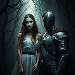 A mesmerizing image titled 'Behind the Mysterious Mask,' depicting a stunning woman in a white mask standing in a dark, eerie forest