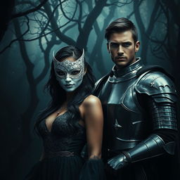 A mesmerizing image titled 'Behind the Mysterious Mask,' depicting a stunning woman in a white mask standing in a dark, eerie forest