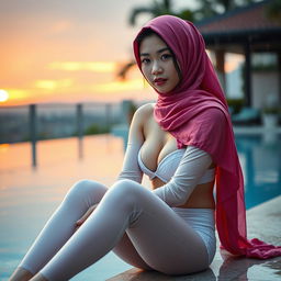 A stunning 23-year-old Japanese woman with a large chest and visible cleavage, wearing a long pink hijab