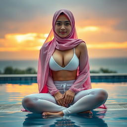 A stunning 23-year-old Japanese woman with a large chest and visible cleavage, wearing a long pink hijab