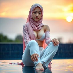 A stunning 18-year-old Japanese woman with a large chest and visible cleavage, wearing a long pink hijab