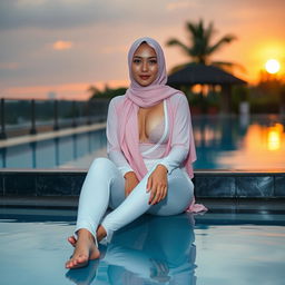 A stunning 18-year-old Japanese woman with a large chest and visible cleavage, wearing a long pink hijab