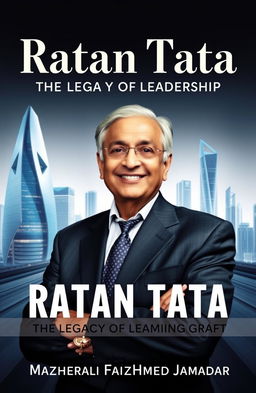 A powerful and sophisticated business-themed front cover for a biography titled 'Ratan Tata: The Legacy of Leadership