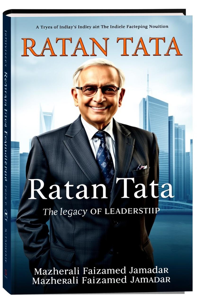 A powerful and sophisticated business-themed front cover for a biography titled 'Ratan Tata: The Legacy of Leadership