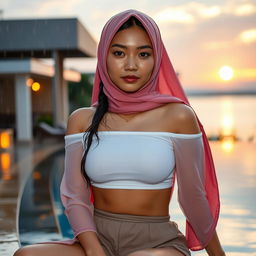 A stunning 18-year-old Japanese girl with a large chest and pronounced cleavage, wearing a long pink hijab