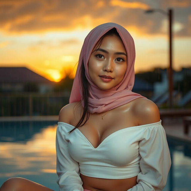 A stunning 18-year-old Japanese girl with a large chest and pronounced cleavage, wearing a long pink hijab