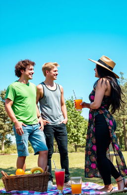 A dynamic outdoor scene featuring two males and one female engaged in a lively conversation under a clear blue sky