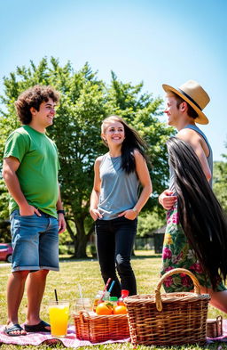 A dynamic outdoor scene featuring two males and one female engaged in a lively conversation under a clear blue sky