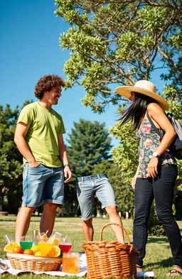 A dynamic outdoor scene featuring two males and one female engaged in a lively conversation under a clear blue sky