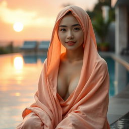 A stunning 18-year-old Chinese girl with a large chest and visible cleavage, wearing a long peach hijab