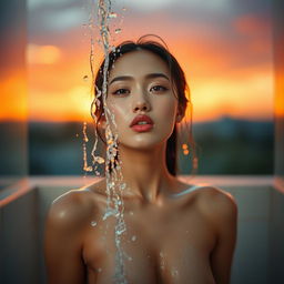 A stunningly beautiful Korean female model, posing nude in a serene shower under a captivating sunset