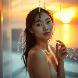 A stunningly beautiful Korean female model, posing nude in a serene shower under a captivating sunset