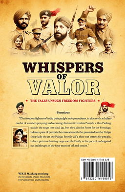 A captivating book cover design for the title 'Whispers of Valor, The Tales of Punjab's Unsung Freedom Fighters'