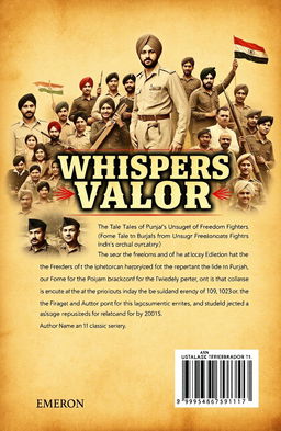 A captivating book cover design for the title 'Whispers of Valor, The Tales of Punjab's Unsung Freedom Fighters'