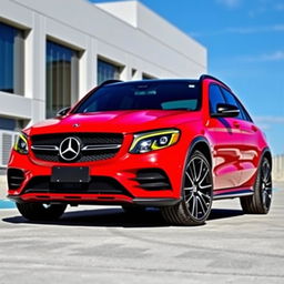 A 2017 Mercedes-Benz GLC 300 in striking red color, featuring an eye-catching forged carbon hood, sleek yellow-tinted headlights, and aggressive black rims that enhance its sporty appearance