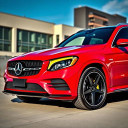 A 2017 Mercedes-Benz GLC 300 in striking red color, featuring an eye-catching forged carbon hood, sleek yellow-tinted headlights, and aggressive black rims that enhance its sporty appearance