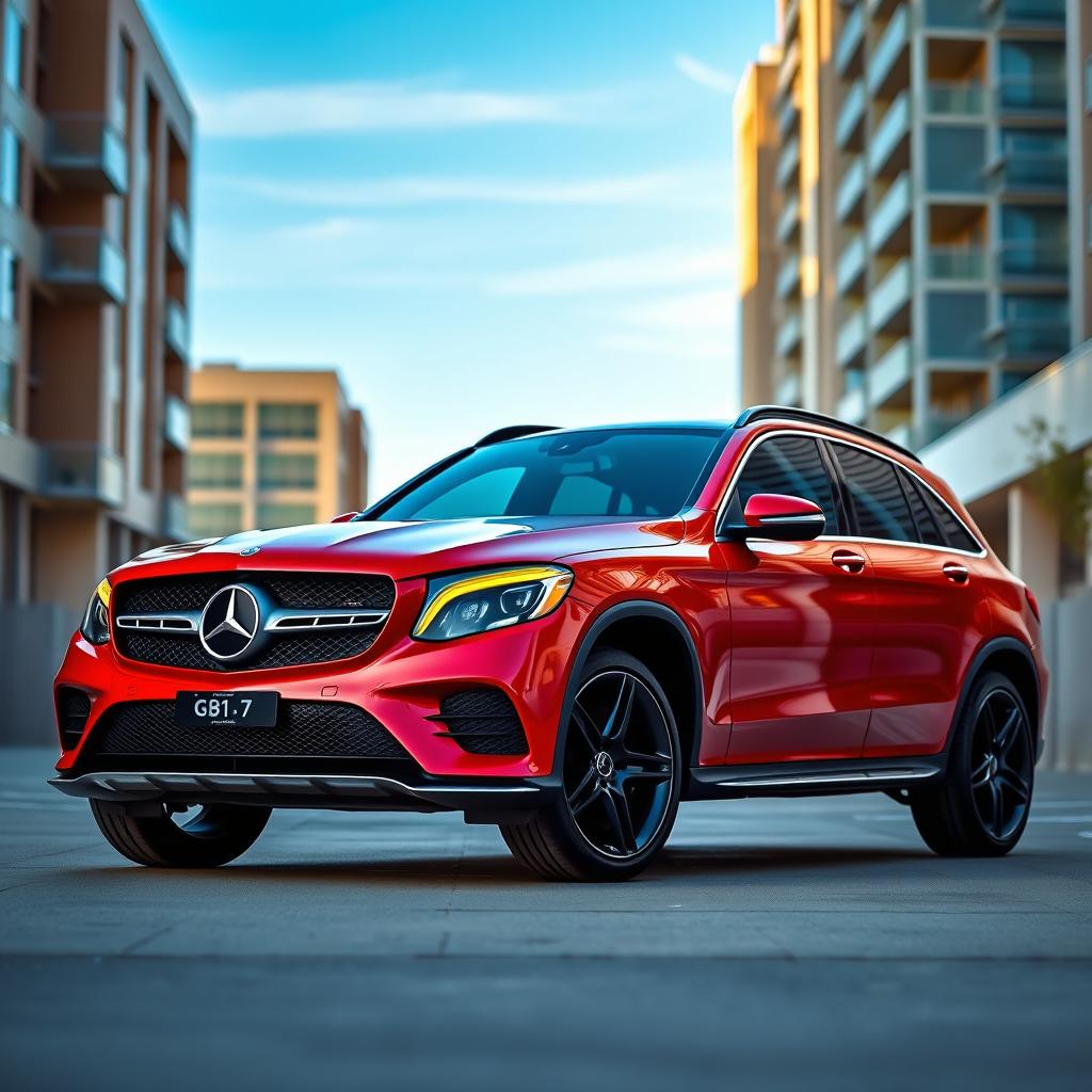 A 2017 Mercedes-Benz GLC 300 in striking red color, featuring an eye-catching forged carbon hood, sleek yellow-tinted headlights, and aggressive black rims that enhance its sporty appearance