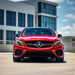A 2017 Mercedes-Benz GLC 300 in striking red color, featuring an eye-catching forged carbon hood, sleek yellow-tinted headlights, and aggressive black rims that enhance its sporty appearance