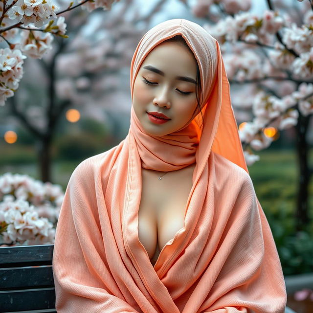 A stunning 18-year-old Chinese girl with white healthy skin and an oval face, partially closing her eyes, showcasing her beauty like a model