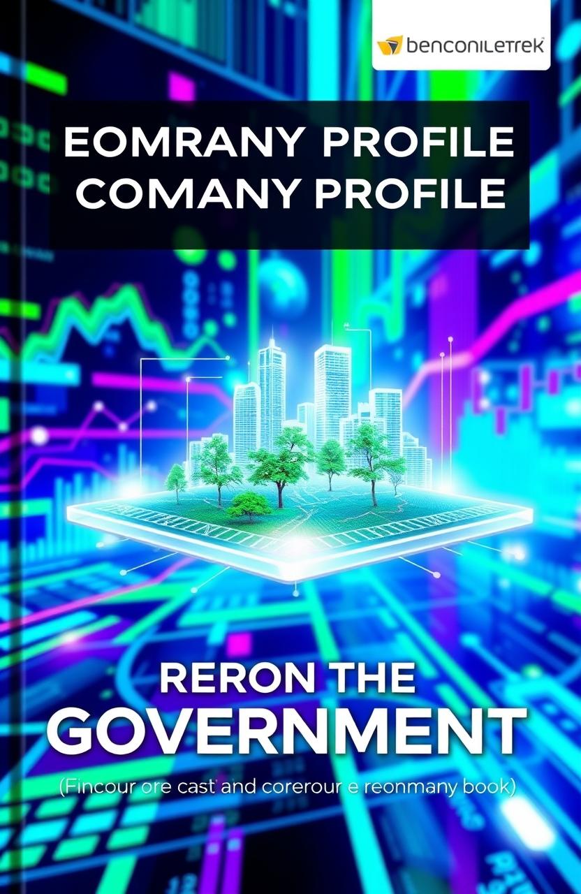 A futuristic and vibrant cover design for a company profile book focused on forecasting and planning in the government sector