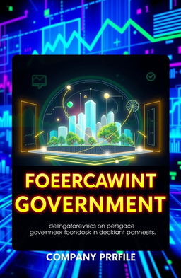 A futuristic and vibrant cover design for a company profile book focused on forecasting and planning in the government sector