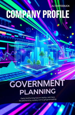 A futuristic and vibrant cover design for a company profile book focused on forecasting and planning in the government sector