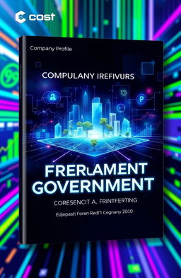 A futuristic and vibrant cover design for a company profile book focused on forecasting and planning in the government sector