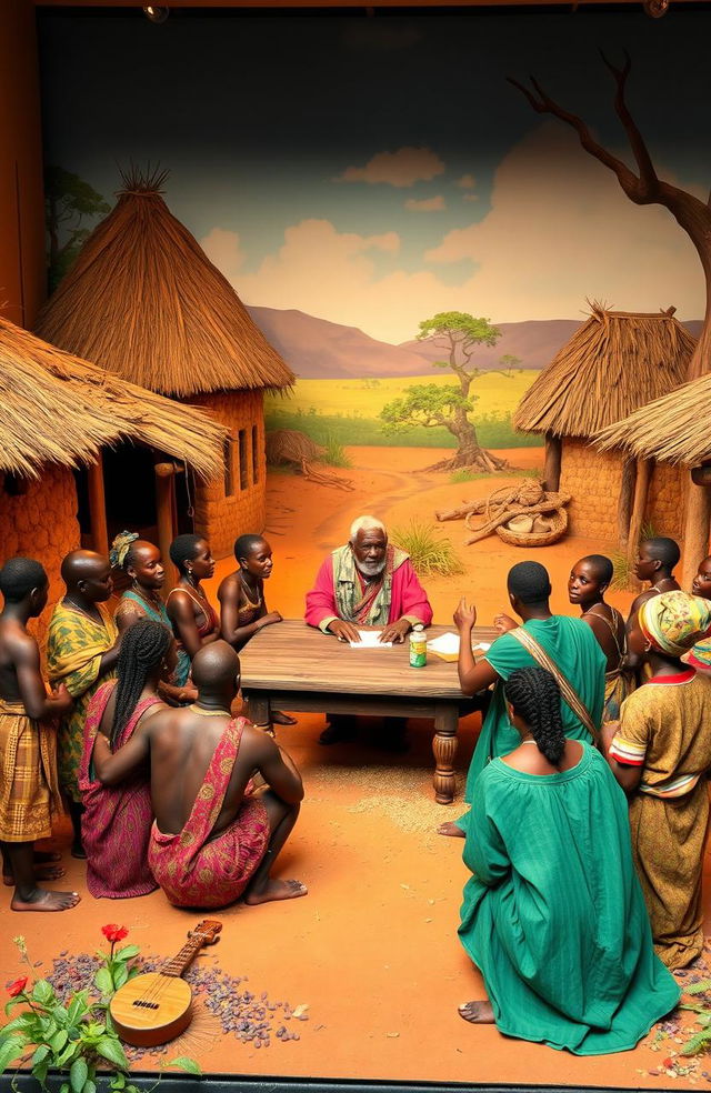 A vibrant African village scene depicting the leadership turmoil under Mzee Taharuki