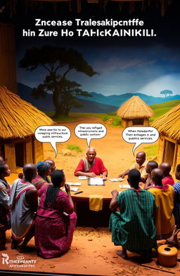 A vibrant African village scene depicting the leadership turmoil under Mzee Taharuki