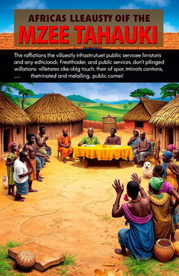 A vibrant African village scene depicting the leadership turmoil under Mzee Taharuki